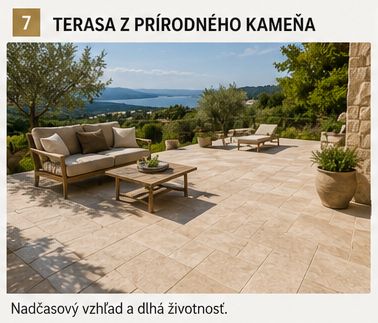 Kamenná dlažba na terase z prírodného kameňa pri modernom dome